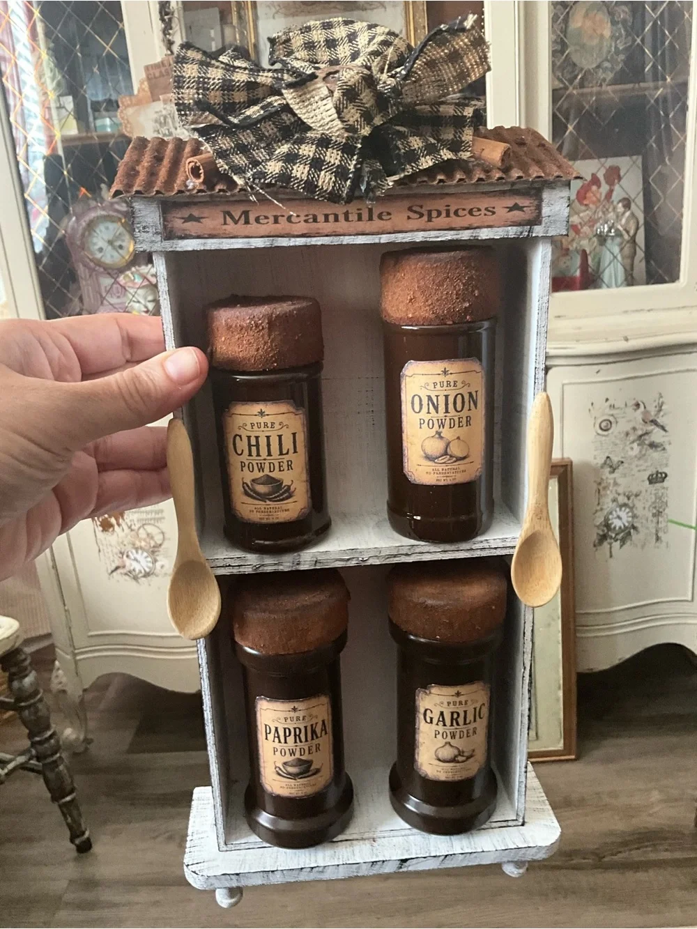 HANDCRAFTED Rustic White Wooden Spice Rack with Brown Glass Jars - Home Kitchen